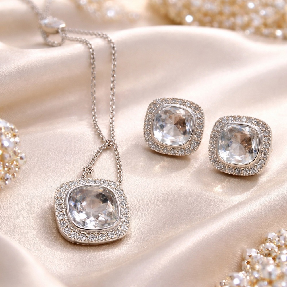 Elegant Crystal Halo Cushion-Cut Pendant Necklace & Matching Earrings